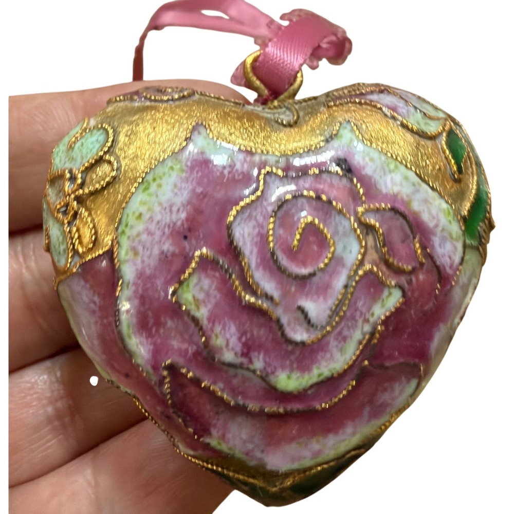 Vintage Cloisonne Heart Ornament Pink Rose Gold Filigree Enamel Floral 2 Inch